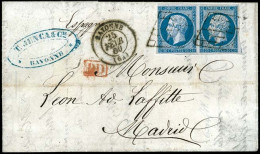 Obl. 14 - Paire Du 20c. Bleu Obl. Grille S/lettre Frappée Du CàD De BAYONNE Du 25 Février 1860 à Destination De MADRID - - 1853-1860 Napoléon III