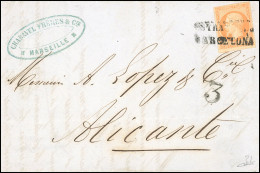 Obl. 16 - 40c. Orange Obl. Griffe Linéaire ESTRANGERO BARCELONA S/lettre De MARSEILLE Du 18 Juin 1861 à Destination D'AL - 1853-1860 Napoleon III