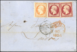 Obl. 16 + 17 X 2 - 40c. Orange + 80c. Carmin X 2 (1 Ex. Avec Filets Effleurés), Obl. Pointillés S/lettre Frappée Du CàD  - 1853-1860 Napoléon III.