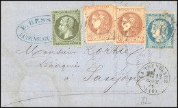 Obl. 19 + 37 + 40 - 1c. Vert-olive + 20c. Siège + 2c. Bordeaux X 2 Percés En Ligne, Obl. GC  4014 S/lettre Frappée Du Cà - 1862 Napoléon III.