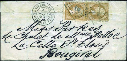 Obl. 21 - 10c. Bistre X 2 Obl. Losange EU, S/lettre Frappée Du CàD De L'Exposition Universelle Postes Du 30 Avril 1867 à - 1862 Napoléon III.