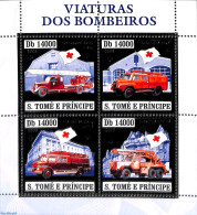 Sao Tome/Principe 2006 Fire Engines, Red Cross 4v M/s, Silver, Mint NH, Health - Transport - Red Cross - Fire Fighters.. - Croix-Rouge