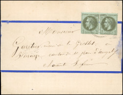 Obl. 25 - Paire Du 1c. Vert-bronze Obl. S/bande Complète Avec Texte Frappée Du CàD Perlé Type 22 De SAINTE-MEME Du 18 Ao - 1863-1870 Napoléon III. Laure