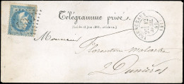 Obl. 29B - 20c. Bleu Obl. GC 4357 S/Télégramme Privé Frappé Du Càd D'YSSENGEAUX Du 12 Avril 1869 à Destination De DUNIER - 1863-1870 Napoléon III. Laure