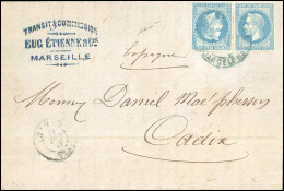 Obl. 29B - 20c. Bleu X 2 Obl. En Bleu ADMON DE CAMBIO BARCELONA S/lettre De MARSEILLE Du 12 Janvier 1870 à Destination D - 1863-1870 Napoléon III Lauré