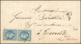 Obl. 29B - Paire Du 20c. Bleu, Obl. "5", Taxe Italienne S/lettre De LYON Du 17 Août 1870 à Destination De TURIN - ITALIE - 1863-1870 Napoléon III Lauré