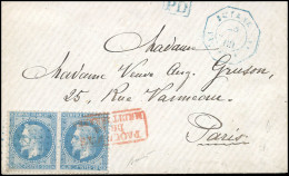 Obl. 29B - Paire Du 20c. Bleu Obl. Ancre Bleue S/lettre Frappée Du CàD De SMYRNE PAQ X N°4 Du 28 Juin 1869 à Destination - 1863-1870 Napoléon III. Laure