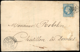 Obl. 29Bb - 20c. Bleu, Variété à La Corne, Obl. GC 564 S/lettre Frappée Du CàD De BOURG-EN-BRESSE Du 25 Mars 1869 à Dest - 1863-1870 Napoléon III Lauré