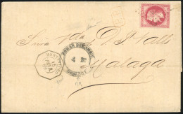 Obl. 32 - 80c. Rose Obl. Ancre S/lettre Frappée Du CàD De MONTEVIDEO Du 15 Février 1869 à Destination De MALAGA. Cachet  - 1863-1870 Napoléon III. Laure