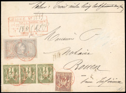 Obl. 33 + 67+72 - 5F. Violet-gris + 20c. Groupe + Bande De 3 Du 1F. Groupe, Obl. S/lettre Chargée Frappée Du Cachet Roug - 1863-1870 Napoleon III With Laurels