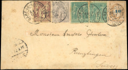 Obl. 34 - 10c. S/10c. Bistre, Surcharge Bleue + 2c. + 3c. +5c. X 2 Type Groupe, Obl. S/lettre Frappée Du CàD De La GARE  - 1863-1870 Napoleon III With Laurels