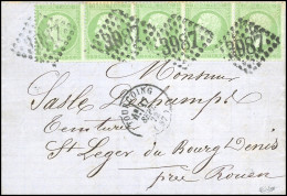 Obl. 35 - 5c. Vert S/azuré, Bande De 5, Obl. GC 3987 S/lettre Frappée Du CàD De TOURCOING Du 17 Septembre 1872 à Destina - 1863-1870 Napoleon III Gelauwerd