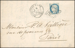 Obl. 37 - 20c. Bleu Coupé Tout Autour Du Timbre En Carré Obl. GC 3171 S/lettre Frappée Du CàD De ROCHEFORT S/MER Du 6 Ju - 1870 Siège De Paris