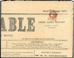 Obl. 40Bg - 2c. Chocolat, Nuance Très Foncée, Report 2, Obl. Typographique, S/journal LE CONTRIBUABLE Du 21 Février 1871 - 1870 Bordeaux Printing
