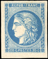* 45A - 20c. Bleu. Type II. Report 1. Nuance Remarquable. Coin De Feuille. SUP. - 1870 Bordeaux Printing