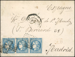 Obl. 46A - 20c. Bleu, Bande De 3, (déf.) Obl. GC 3906 S/lettre Frappée Du CàD De TARBES Du 3 Juillet 1871 à Destination  - 1870 Emission De Bordeaux
