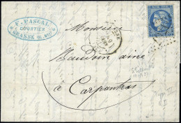 Obl. 46B - 20c. Bleu, Type III Report 2, Percé En Ligne, Obl. GC 1707 S/lettre Frappée Du CàD De GRASSE Du 9 Mars 1871 à - 1870 Bordeaux Printing