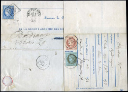 Obl. 50/ 51 + 60 - 1c. Vert-olive + 2c. Rouge-brun Obl. CàD De JONZAC Du 15 Octobre 1873 S/Imprimé à Destination De CHAL - 1871-1875 Ceres