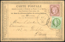 Obl. 53 + 58 - 5c. Vert-jaune S/azuré + 10c. Brun S/rose (entaille CA) Obl. GC S/carte Postale Frappée Du CàD Du 9 Janvi - 1871-1875 Ceres