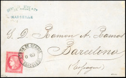 Obl. 57 - 80c. Rose Obl. Du CàD D'ADMON DE CAMBIO/BARCELONA S/lettre De MARSEILLE à Destination De BARCELONE - ESPAGNE.  - 1871-1875 Ceres
