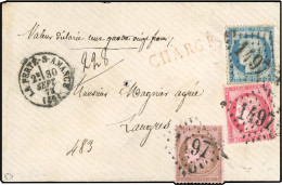 Obl. 57 + 58 + 60 - 80c. Rose + 10c. Brun S/rose + 25c. Bleu Obl. GC 1497 S/lettre Frappée Du CàD De LA FERTE-SUR-AMANCE - 1871-1875 Cérès