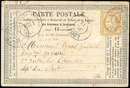 Obl. 59 - 15c. Bistre Obl. S/carte Postale Du Cachet Du Bureau De Passe ''4201'' (VIERZON) Du 21 Novembre 1873 à Destina - 1871-1875 Ceres