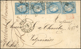 Obl. 60 X 4 - 25c. Bleu, Type I X 4 Obl. Losange S/lettre Frappée Du CàD De NANTES A PARIS Du 19 Décembre 1872 à Destina - 1871-1875 Cérès