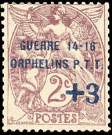 * 108 - 2c. Type Blanc Lilas-brun. Surcharge "GUERRE 14-18 ORPHELINS P.T.T. +3" S/3 Lignes En Bleu. SUP. - Sonstige & Ohne Zuordnung