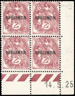 ** 108 - COURS D'INSTRUCTION. N°108-CI3. 2c. Type Blanc Lilas-brun. Surcharge "SPECIMEN". Bloc De 4. Coin Daté Du 14/5/1 - Autres & Non Classés