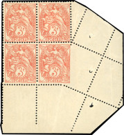 * 109 - 3c. Type Blanc Orange. Type IB. Bloc De 4. Coin De Feuille. Variété De Piquage Par Pliage. SUP. - Autres & Non Classés