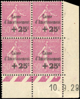 ** 254 - Caisse D'amortissement. +25c. S/50c. Rose-lilas. Bloc De 4. Coin De Feuille Intégral Daté Du 10.9.29. SUP. - Other & Unclassified