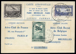 Obl. 6 - 1F.50 Bleu + Vignette De L'exposition En Vert Obl. S/carte Aéropostale Numérotée Du 1er Essai De Liaison Rapide - Autres & Non Classés