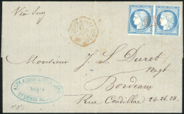 Obl. 23 X 2 - Paire Du 25c. Bleu (déf.) S/lettre Manuscrite De ST-DENIS REUNION Du 23 Mai 1874 à Destination De BORDEAUX - Autres & Non Classés