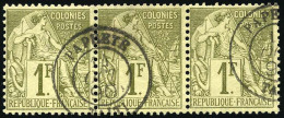 Obl. Timbres De Colonies Générales N°59. 1F. Olive. Bande De 3. Obl. PAPEETE TAHITI 14 Octobre 1890. TB. - Autres & Non Classés