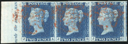 Obl. SG#DS6A - 1840. 2d. Bright Blue. Plate 1. Wmk. Small Crown. Imperf. Horizontal Strip Of Three Lettered JA-JB-JC (SG - Other & Unclassified