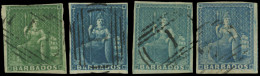 Obl. SG#7 + 9 - 1/2d. Yellow-green + 1d. Pale Blue X 3 Differents Shades. White Paper. F To VF. - Barbades (...-1966)