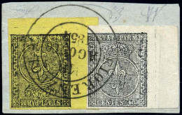 Obl. 1+ 2 - 5c. Jaune CdeF. Et 10c. Noir BdeF. Obl. S/fragment. Coin Et Bord De Feuille. SUP. - Parme