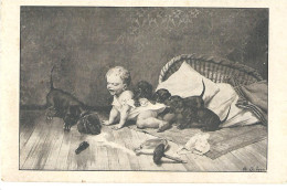 CPA Le Bebe Et Les Chiots Tableau De???? - Paintings