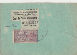 T.F De Pêche N° 4 + Timbre 5 Frs Droit De Pêche Intersociétés Haute-Vienne - Lettres & Documents