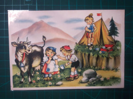 CARTE POSTALE, ART, HUMOUR;   Belle Carte Avec Image En Couleur De Trois Enfants Campant Dans Un Pré Jouant Avec Une Vac - Humorous Cards