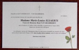 Faire Part Décès / Mme Marie-Louise Eliaerts , Vve René Van Gramberen Née à Ixelles En 1930 , Décédée à Anderlecht 2010 - Obituary Notices
