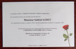 Faire Part Décès / Mr Gabriel Leduc Né à Molenbeek-St-Jean En 1939 , Décédé à Laeken En 2010 - Obituary Notices