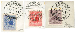 Corfou : 3 Timbres Grecs Surchargés "CORFU" Obl. "KEPKYPA" Sur Fragment (1941) - Corfu