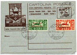 Egée (Rhodes) : Affranchissement Composé Obl. "RODI/EGEO 20/11/43" Sur Entier Postal Avec Réponse Payée Richement Illust - Egeo