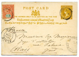 Ceylan : Entier Postal Type Victoria + Complément D'affranchissement N°128 Obl. "ANURADHAPURA" Pour La France (1899) - Ceylan (...-1947)