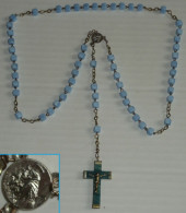 Rare Ancien Chapelet Perles De Verre Bleu, Croix Bakèlite Médaille Art Nouveau - Religion &  Esoterik