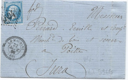 LT5966   N°22/Lettre, Oblitéré Cachet Perlé Et  GC 4594 LA MACHINE(56), Indice 8 Pour PONT-DE-POITTE(38), Indice 11 - 1862 Napoleon III