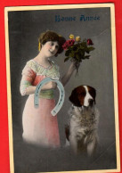 VBD-07 Bonne Année  Femme Chien Saint-Bernard, Fer à Cheval  Circulé Timbre Manque - Anno Nuovo