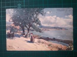 CARTE POSTALE, ART, PEINTURE ;   Belle Carte Avec Image Panoramique De San Remo, Couple Attendant Au Bord De La Route Le - Paintings