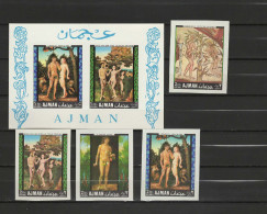 Ajman 1968 Nude Paintings Lucas Cranach, Dürer, Van Der Goes, Maderuelo Set Of 4 + S/s Imperf. MNH - Naakt